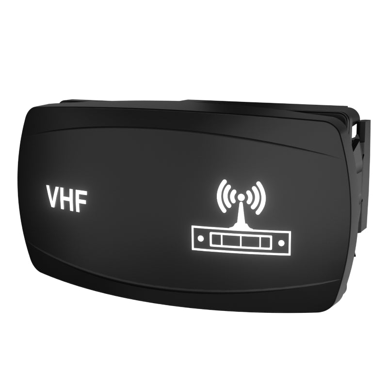 VHF radio illuminated rocker switch front with antenna icon, angled side showing connector.