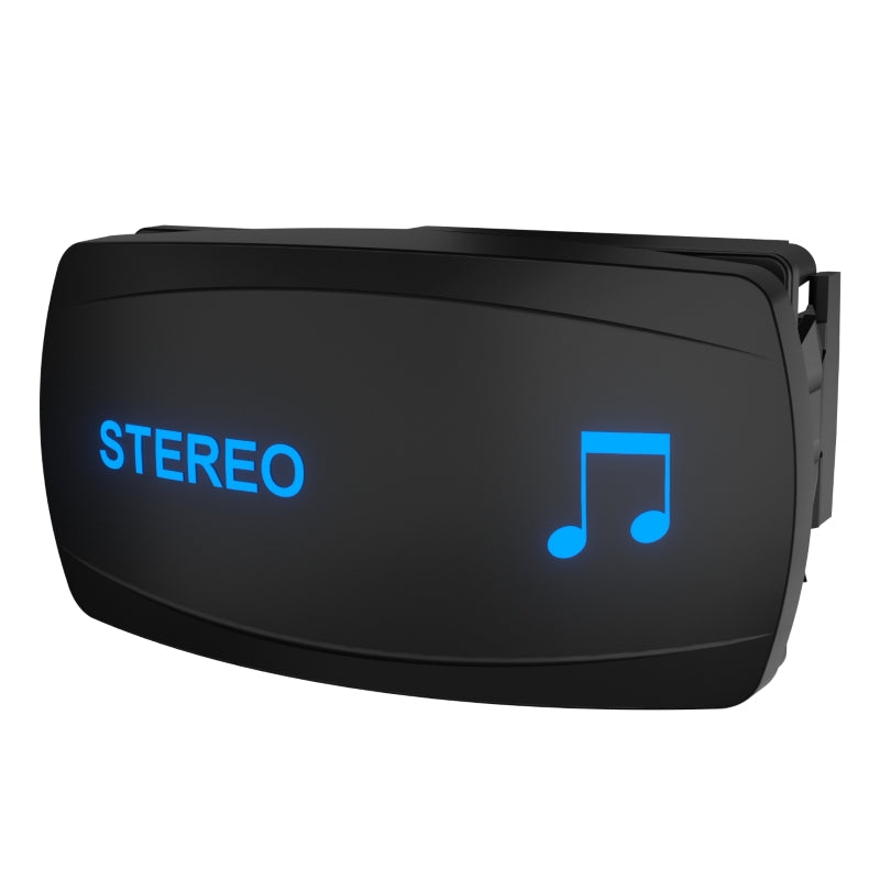 Carling STEREO switch, angled front view; blue-lit 'STEREO' label, music-note icon, mounting clip
