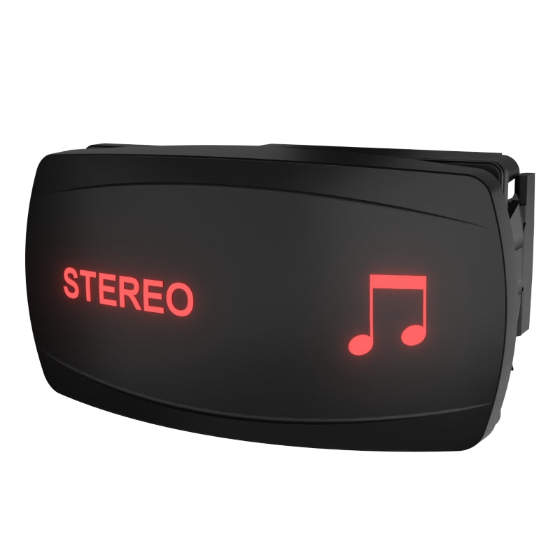 Angled front-right view of illuminated stereo rocker switch with red 'STEREO' text and note icon