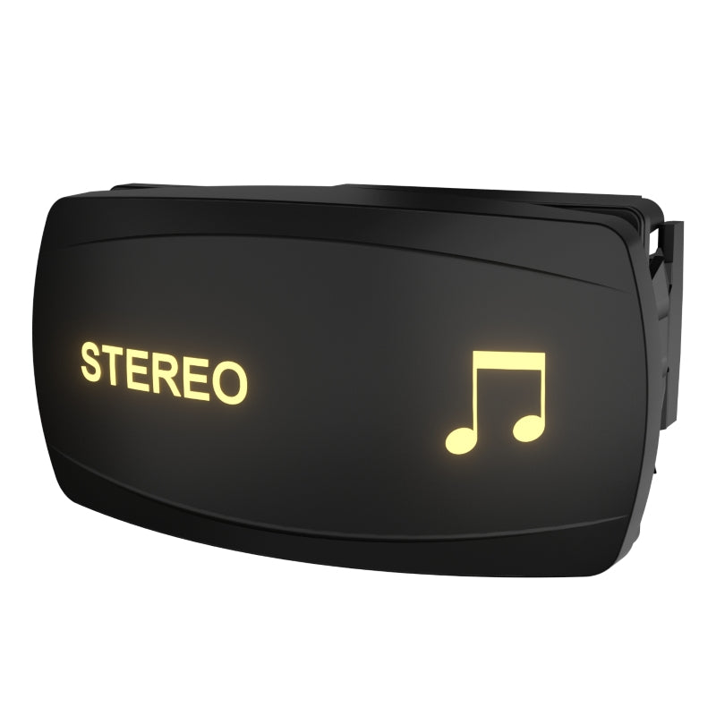 Angled front view of stereo rocker switch with illuminated 'STEREO' label and music note, showing side housing