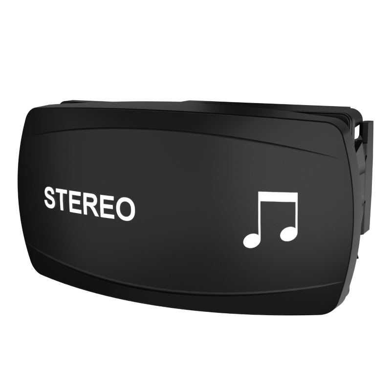 Carling Technologies black rocker switch labeled STEREO with a white music-note icon
