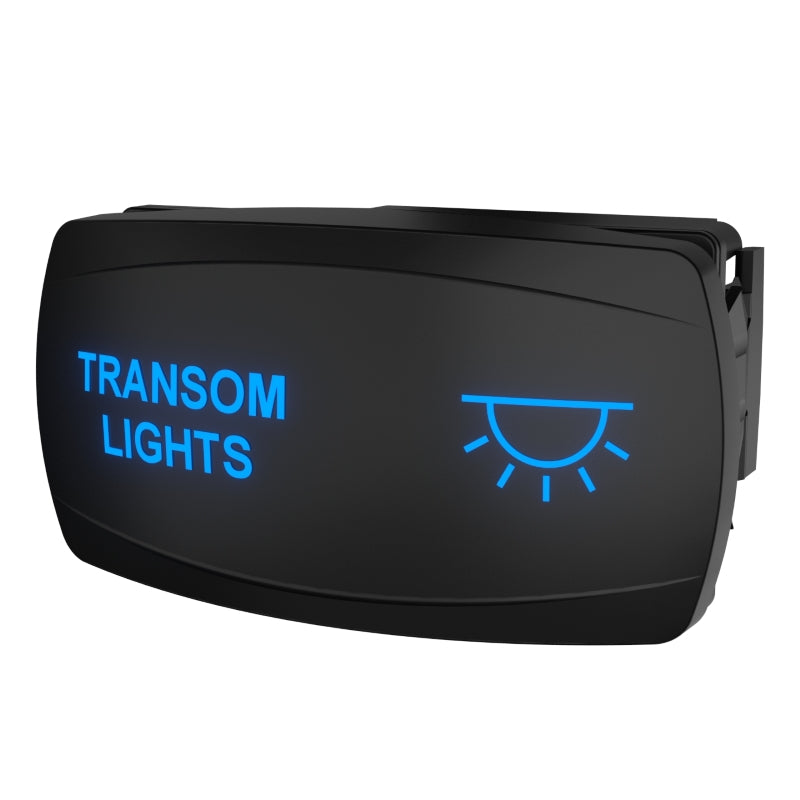 Rocker switch for transom lights, blue illuminated legend, angled view showing mounting clip and rear