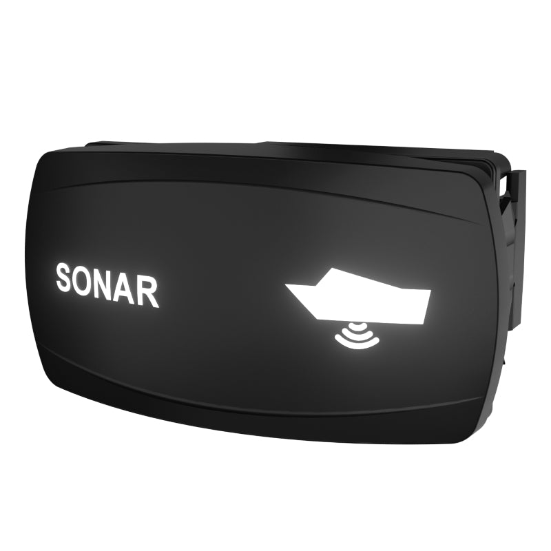 Carling sonar switch, angled front-right view with illuminated SONAR label, boat icon and side mount clip