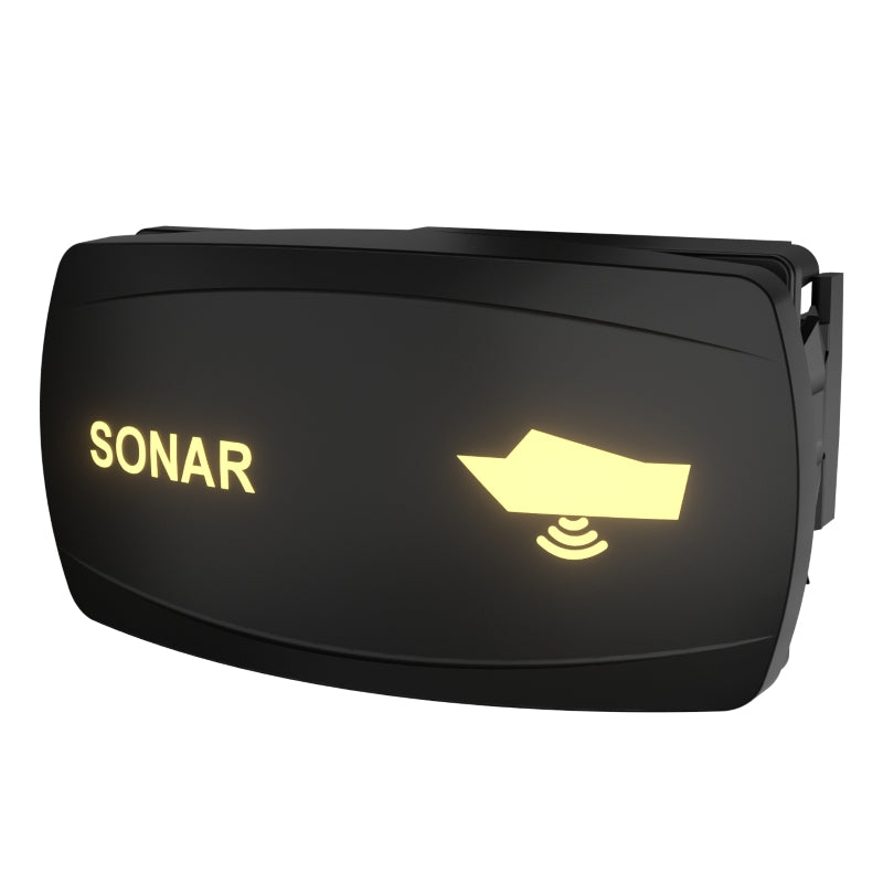 SONAR switch angled front view showing illuminated "SONAR" label, boat sonar icon and side mounting clip.