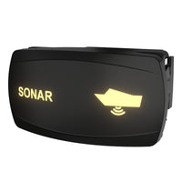 SONAR switch angled front view showing illuminated "SONAR" label, boat sonar icon and side mounting clip.