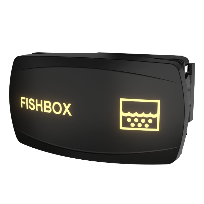 FISHBOX rocker switch with illuminated legend and icon, angled to show rear connector housing