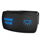 Front-right angled view of rocker switch labeled ENGINE ROOM, blue backlit icon and visible side mounting clip