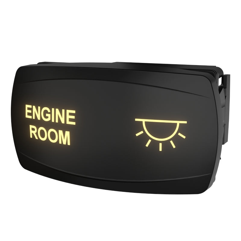 Angled view of Engine Room backlit switch with illuminated ENGINE ROOM text, light icon and side mounting clip