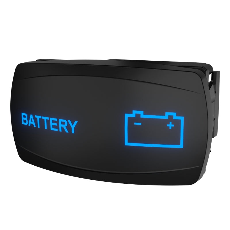 Black illuminated battery rocker switch, angled front showing blue BATTERY text, icon and rear connector.