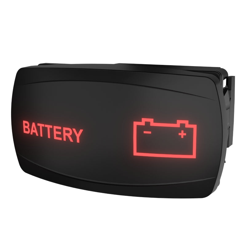 Angled front-right view of illuminated 'BATTERY' rocker indicator showing battery icon and rear connector.