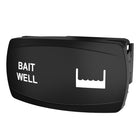 Angled front view of bait-well rocker switch face with white label and basin icon, mounting clip visible