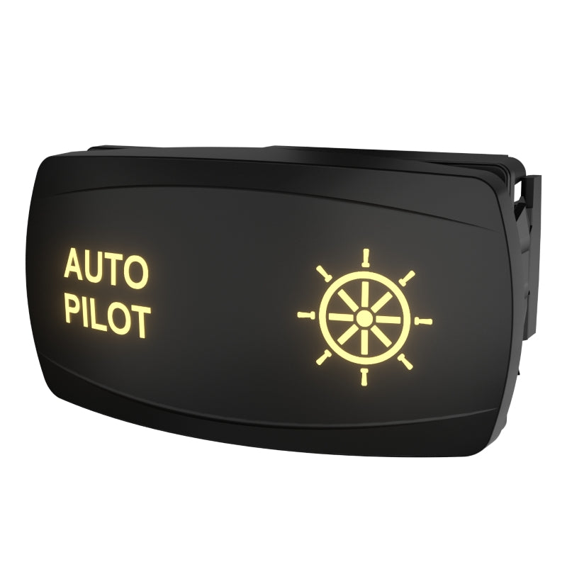 Angled front view of Carling AUTOPILOT switch with illuminated "AUTO PILOT" and wheel icon, showing side clip.