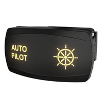 Angled front view of Carling AUTOPILOT switch with illuminated "AUTO PILOT" and wheel icon, showing side clip.