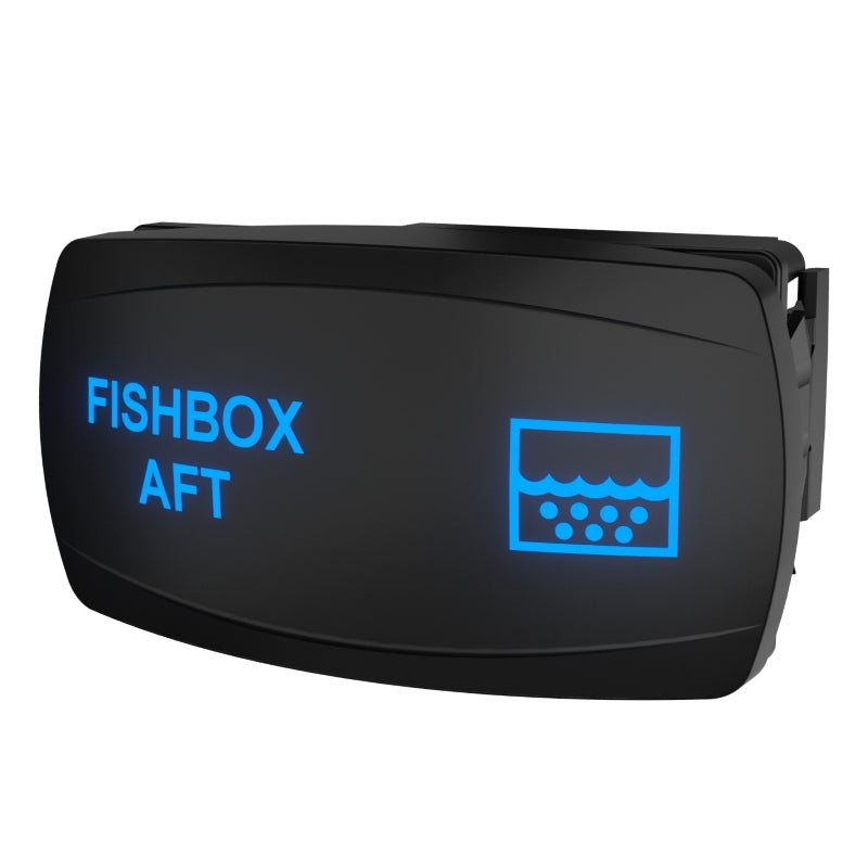 Angled front view of Fishbox Aft rocker switch showing blue backlit label, water icon and side mount