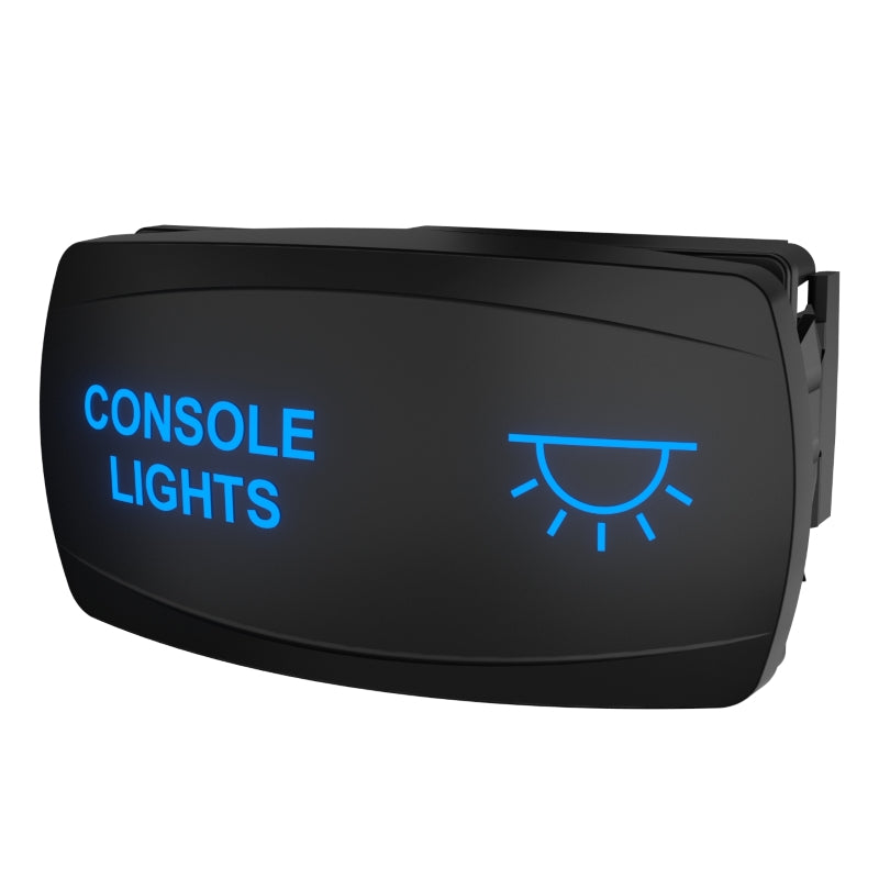 Angled front of black rocker with blue CONSOLE LIGHTS text and lamp icon; right mounting clip visible