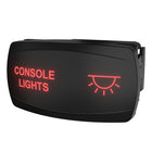 Front-right view of rocker switch labeled CONSOLE LIGHTS with red backlit icon; side mounting clip visible