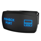 Carling Fishbox Port rocker switch at right-angle, blue illuminated legend and icon, rear mounting clip visible