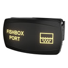 Angled front-right view of Fishbox Port illuminated rocker switch showing label and rear connector