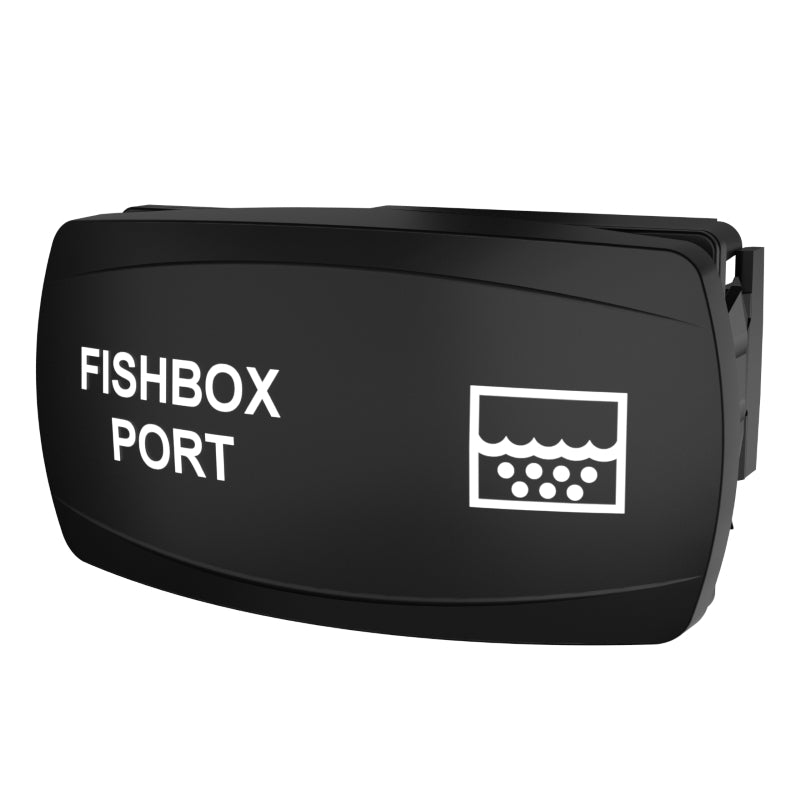 Front-angled view of Fishbox Port faceplate showing white label/icon and exposed right-side mounting clip