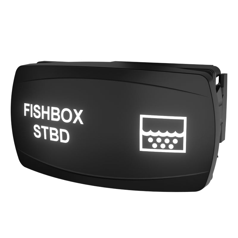 Carling Technologies FISHBOX STBD illuminated rocker switch with white backlit label and icon