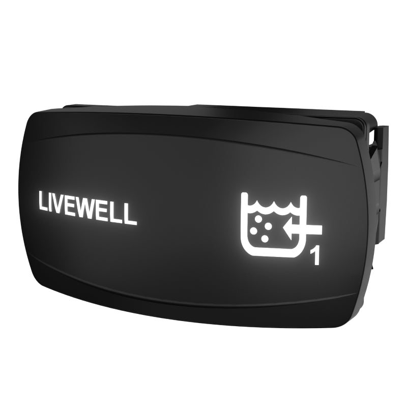 Carling Technologies LIVEWELL 1 rocker switch with white illuminated LIVEWELL label and tank icon