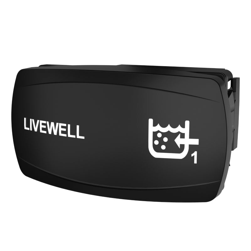 Angled front view of Livewell 1 rocker switch showing LIVEWELL text, icon and rear mounting.