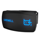 Angled front view of LIVEWELL 2 illuminated rocker switch showing blue legend and right-side mounting clip.