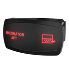 Angled view of Carling Macerator AFT switch with red backlit label and pump icon, rear mounting clip visible