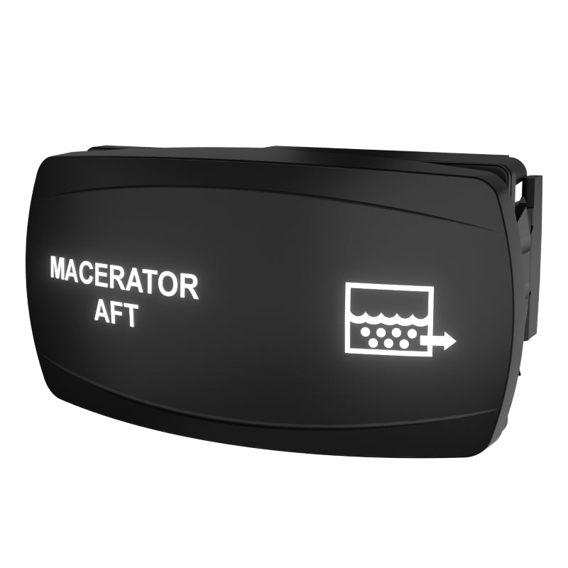 Front-angled view of Macerator Aft control panel showing illuminated label, discharge icon and right-side mounting clip