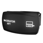 Front-angled view of Macerator Aft control panel showing illuminated label, discharge icon and right-side mounting clip