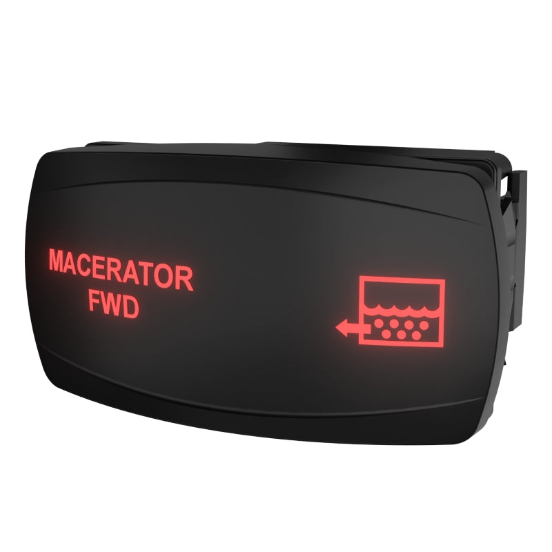MACERATOR FWD rocker switch illuminated red, front-angled view showing right-side mounting clip and connector
