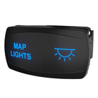 Angled front-right view of Carling map lights rocker switch with blue backlit legend, icon and rear connector.