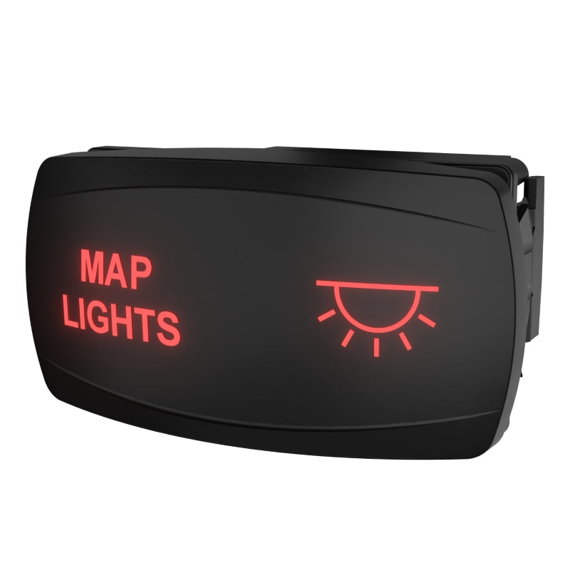 Illuminated map lights rocker switch, front lit red with lamp icon, angled to show side connector.
