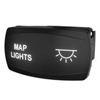 Angled side view of MAP LIGHTS rocker switch showing illuminated legend and rear connector/mounting clip