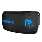 Angled view of illuminated rocker switch labeled 'SHOWER' showing shower icon and rear mounting clip