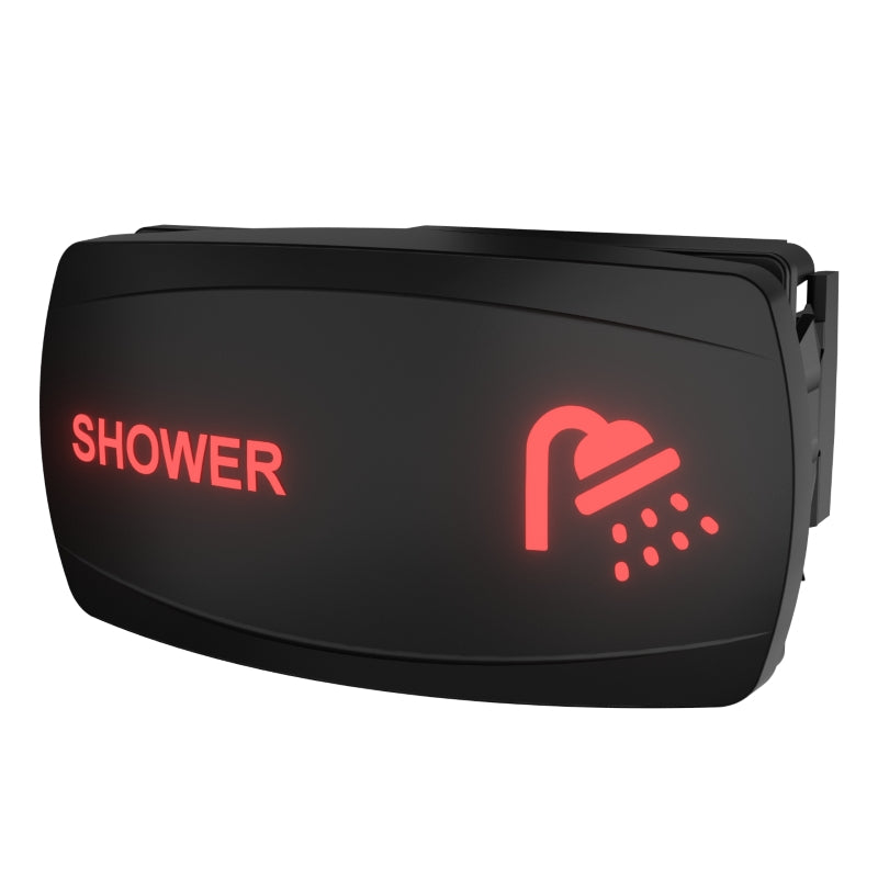 Front-right angled view of black illuminated rocker switch showing red 'SHOWER' label, icon and rear housing.