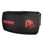 Front-right angled view of black illuminated rocker switch showing red 'SHOWER' label, icon and rear housing.