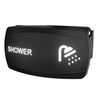 Angled side view of black illuminated SHOWER rocker switch showing shower icon and rear connector