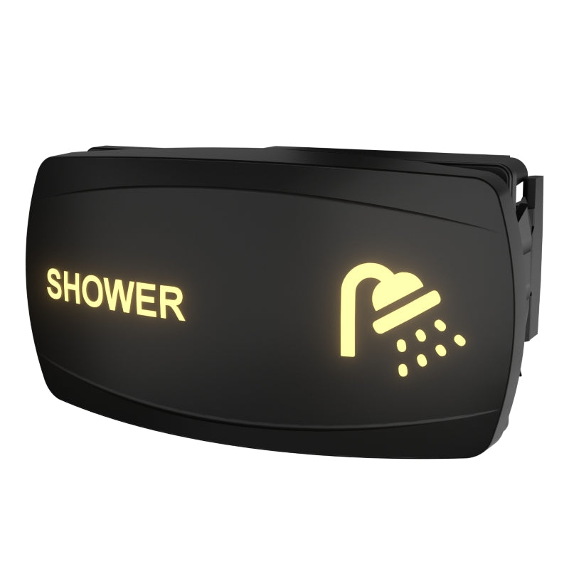 Illuminated SHOWER rocker switch, angled side view showing the connector housing and mounting clip