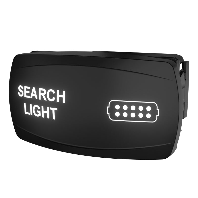 Search light rocker switch faceplate with illuminated label and right-side connector housing visible
