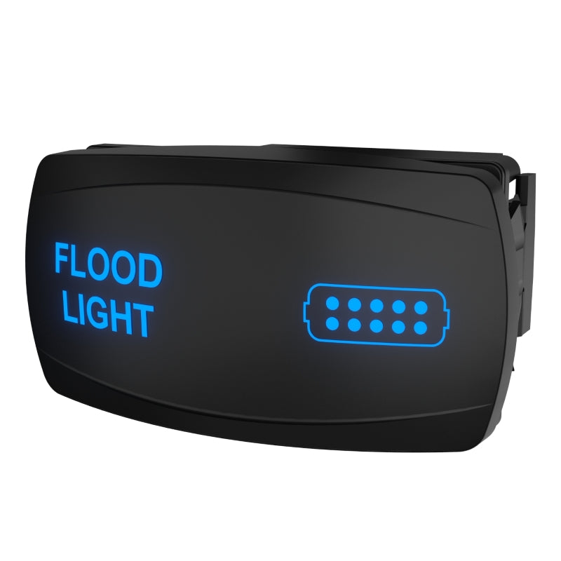 Carling Technologies flood light rocker switch, front-angle view with blue illuminated label and connector icon