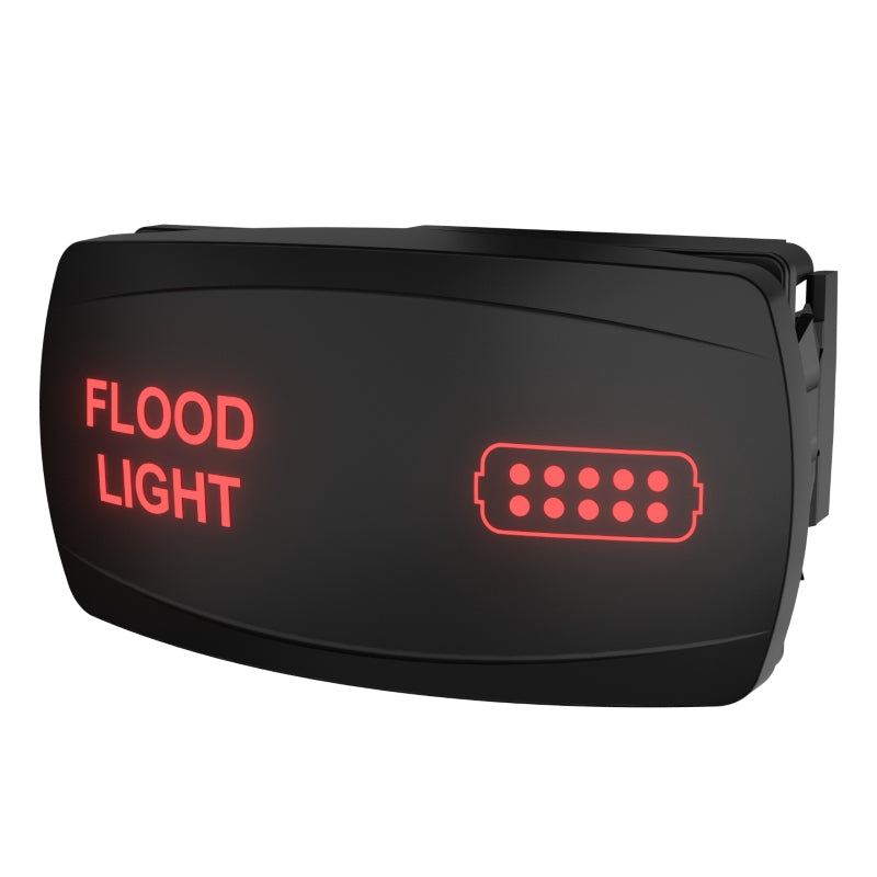 Front-right view of black flood-light switch with red 'FLOOD LIGHT' legend and connector, clip visible