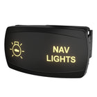 Navigation lights rocker switch, angled front-right view showing illuminated "NAV LIGHTS" legend and side mounting clip