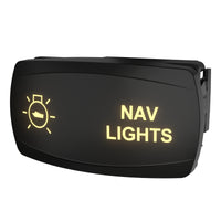 Navigation lights rocker switch, angled front-right view showing illuminated "NAV LIGHTS" legend and side mounting clip