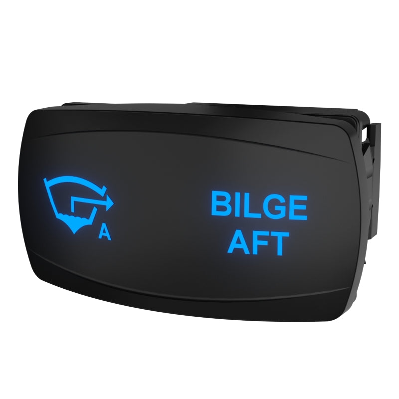 Angled front-right view of a Bilge Aft rocker switch with blue backlit legend and side clip.