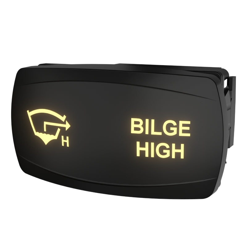 Carling Bilge High illuminated rocker switch, angled view showing lit legend and rear connector clip