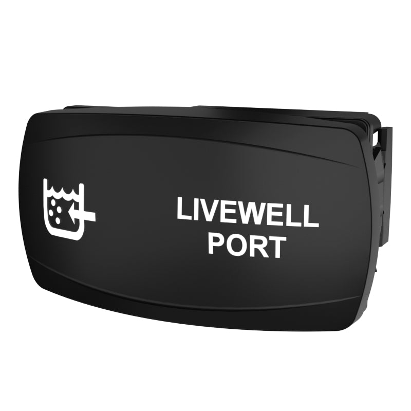 Carling Technologies black rocker switch actuator labeled "LIVEWELL PORT" with livewell icon
