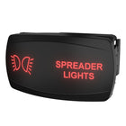 Rocker switch labeled SPREADER LIGHTS, angled front-right with lit red label, light icon and side clip.