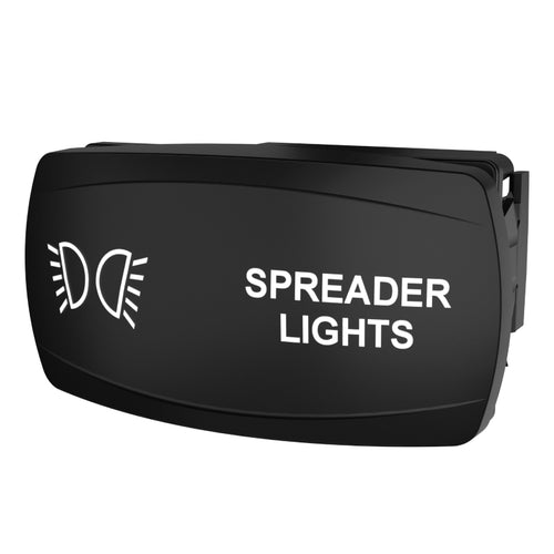 Carling Technologies black rocker switch labeled 'SPREADER LIGHTS' with white light icon