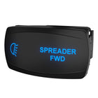 Angled view of illuminated spreader-forward rocker switch showing side mounting clips and blue backlit label.